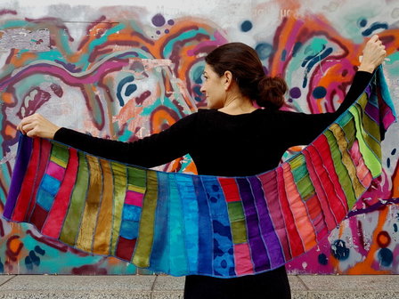 Viscose patchwork sjaal, regenboog banen - Liz