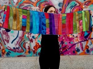 Viscose patchwork sjaal, regenboog banen - Liz