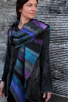 Viscose patchwork sjaal, grijs, paars en zeegroen - Liz