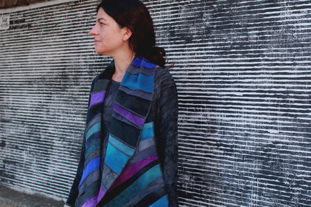 Viscose patchwork sjaal, grijs, paars en zeegroen - Liz