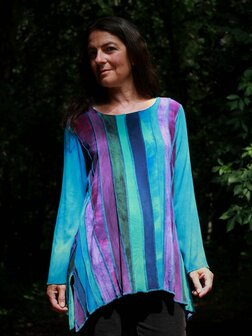 Blouse banen turquoise zeegroen paars grijs - Liz