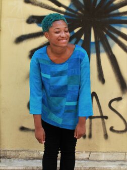blauwgroene blouse patchwork banen - Liz