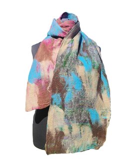 Zijde wol sjaal - bruin turquoise fuchsia