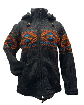 Wollen vest antraciet blauw oranje