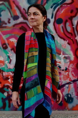 Viscose patchwork sjaal, regenboog banen - Liz