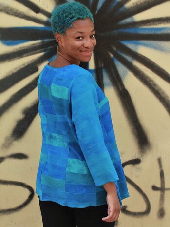 blauwgroene blouse patchwork banen - Liz