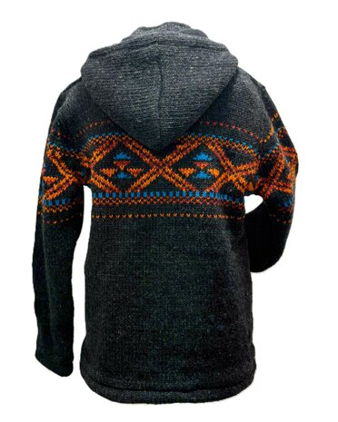 Wollen vest antraciet blauw oranje