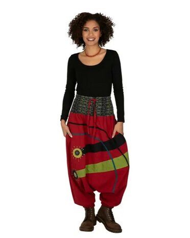 Harembroek katoen rood zwart lime